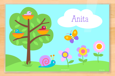 Bird Tree Placemat with little birds, cute flowers and colorful bugs