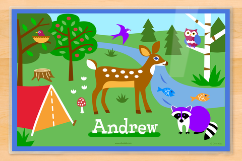 Camping placemat with tent, deer, raccoon and other forest animals