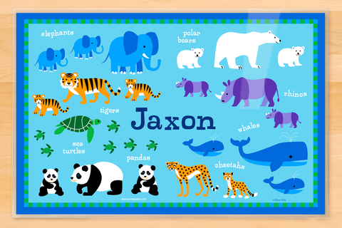 Endangered Animals Placemat with tigers, rhinos, whales and pandas