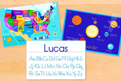 Three educational placemats with USA map, alphabet and solar system personalized