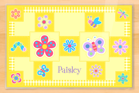 Geometric flowers and stylized bugs on yellow background, personalized placemat