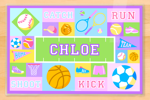 Girls Sports Placemat in pinks and purples with soccer ball and softball
