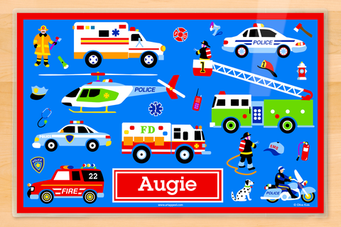 Heroes Firemen Police first responder placemat with fire trucks personalized