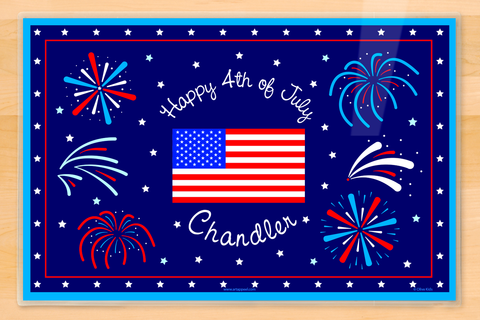 Fourth of July with American flag and fireworks on personalized placemat