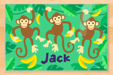 Placemat with three cute monkeys swinging in the trees personalized