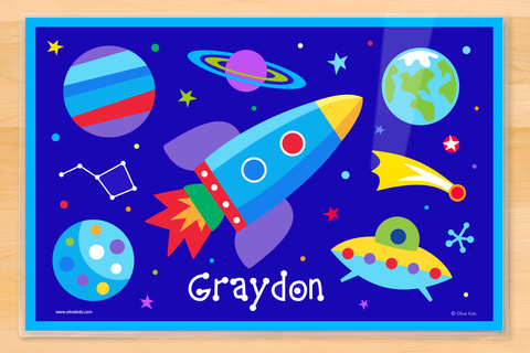 Kids outer space placemat with rocket ship, UFO and planets