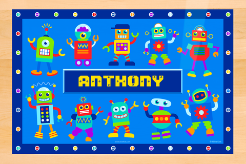 Colorful robots dancing on personalized place mat
