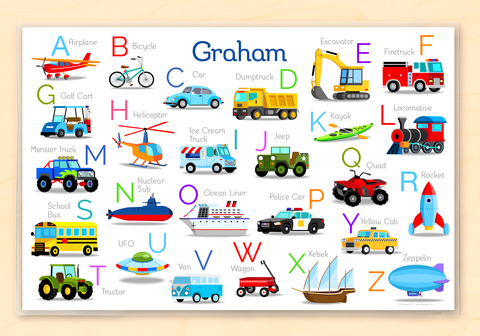 Personalized kids placemat featuring all kinds of vehicles using their first letter